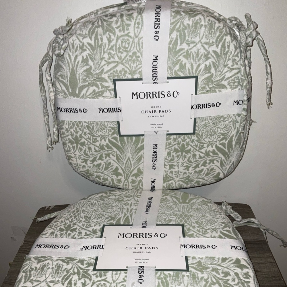 Morris & Co. Snakehead Green Ivory Chenille 4 Chair Pads 17.5”x16 Polyester NWT